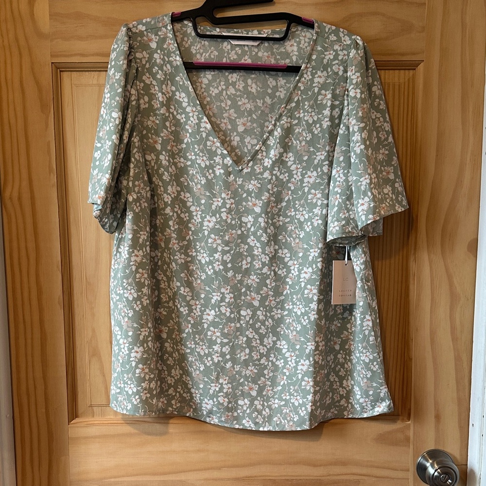 LC Lauren Conrad Floral V-Neck Blouse - Mint Green